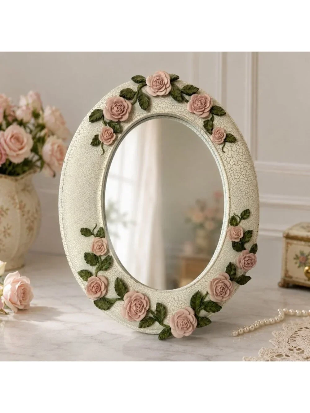 Homco Oval Mirror Roses Distressed White Frame VTG Shabby Chic French Country